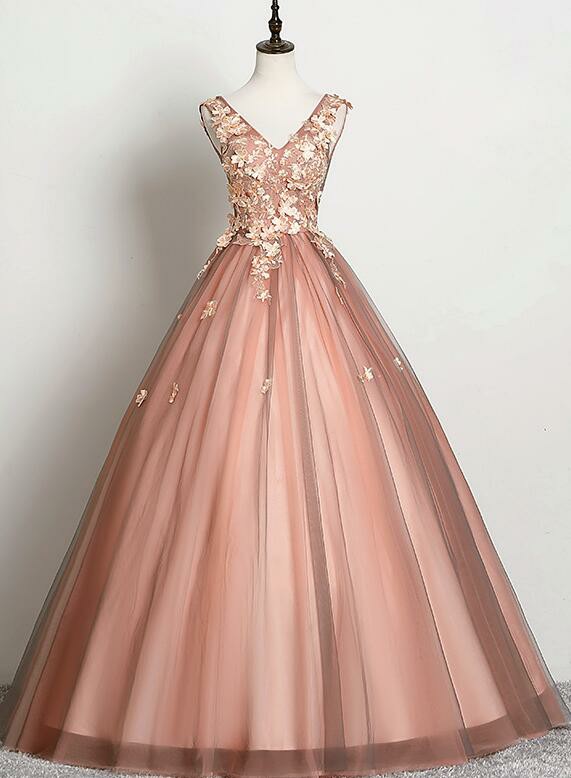 Picture of Pretty V-neckline Tulle Ball Gown Pink Sweet 16 Dress, Ball Gown Lace Applique Quinceanera Dresses